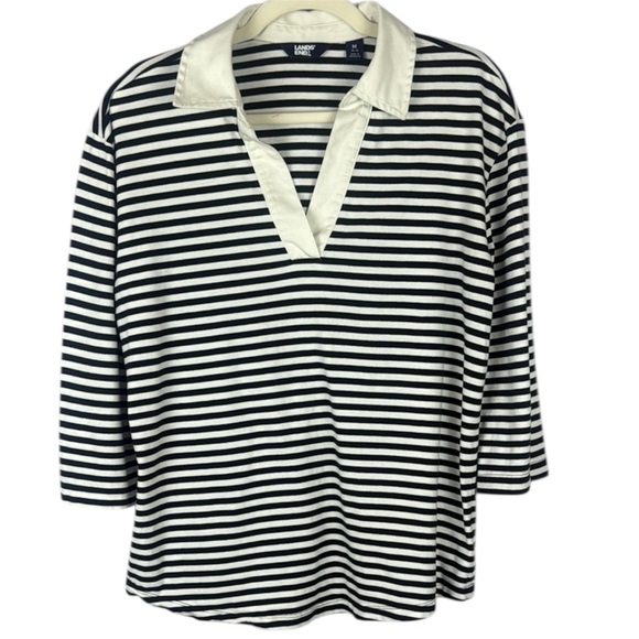 Lands' End Super T Collared Popover 3/4 Sleeve Pale Petal Even Stripe Top Size M - Picture 1 of 8